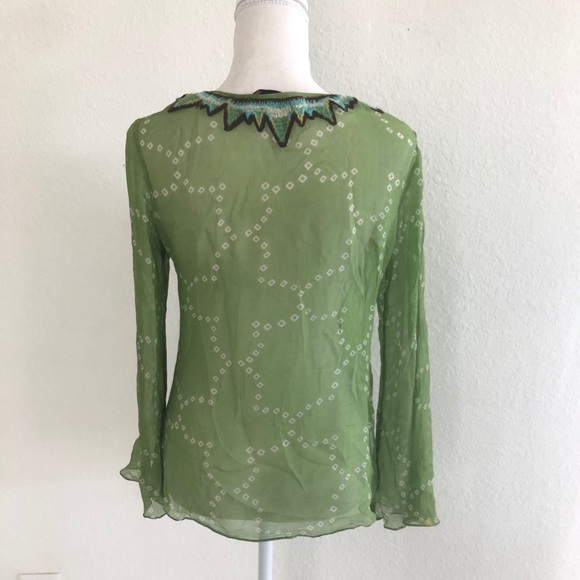 BCBGMAXAZRIA Boho V- Neck Green Long Sleeve Top S - Picture 2 of 8